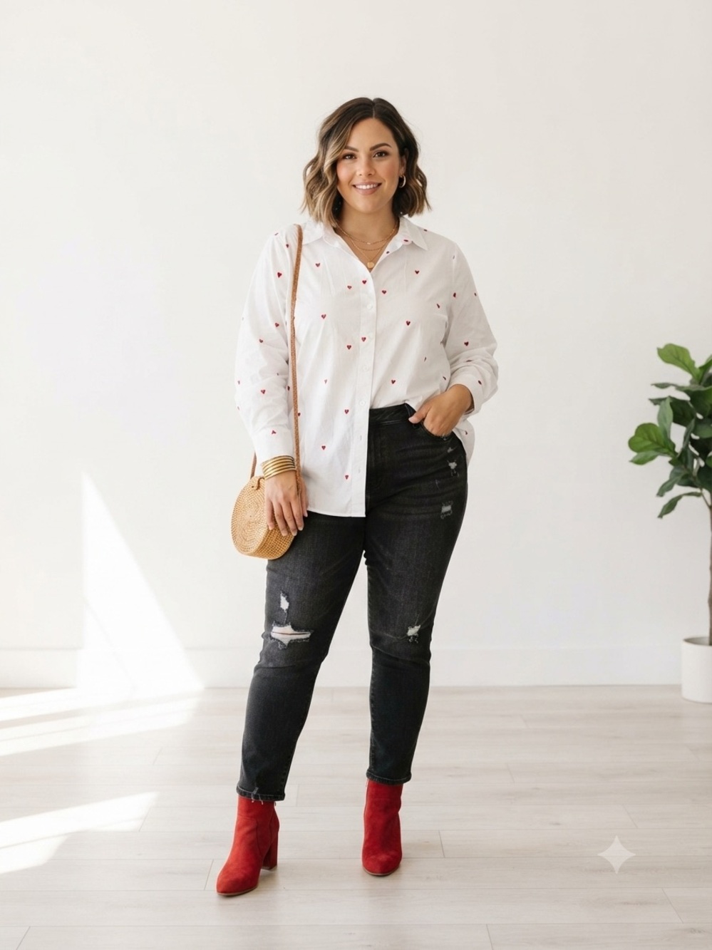 Lane Bryant White Button Down Shirt with Red Heart Print. Size 26/28